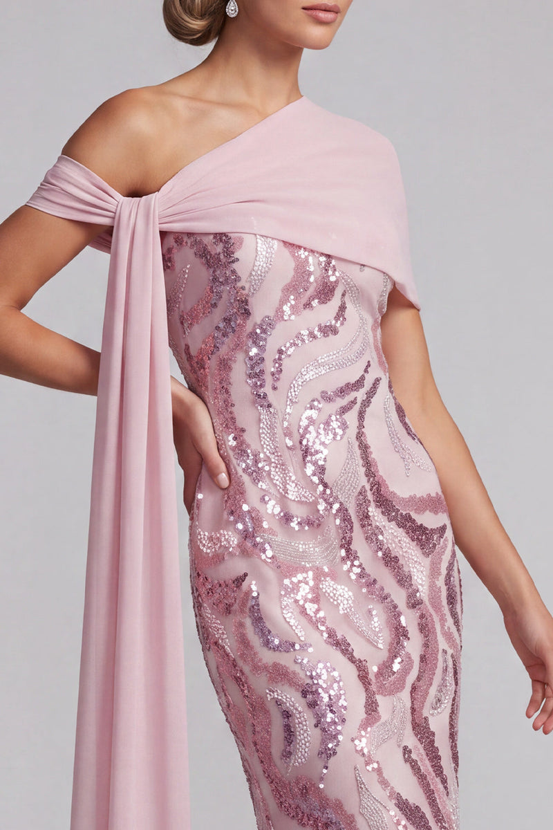 Laden Sie das Bild in den Galerie-Viewer, Glitzerndes Rosa Pailletten Eine Schulter Meerjungfrau Langes Mutter der Braut Kleid mit Perlen