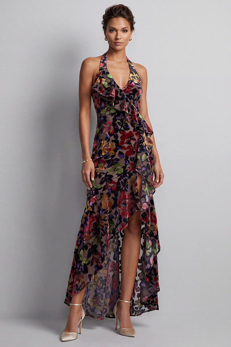 Laden Sie das Bild in den Galerie-Viewer, Schwarzes Samt Blumen Neckholder Hoch niedrig Asymmetrisch A-Linie Mutter der Braut Kleid mit Schlitz