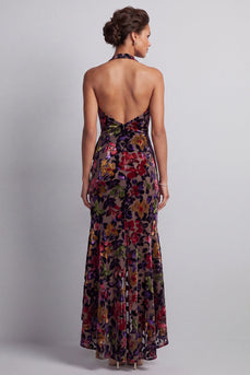 Schwarzes Samt Blumen Neckholder Hoch niedrig Asymmetrisch A-Linie Mutter der Braut Kleid mit Schlitz