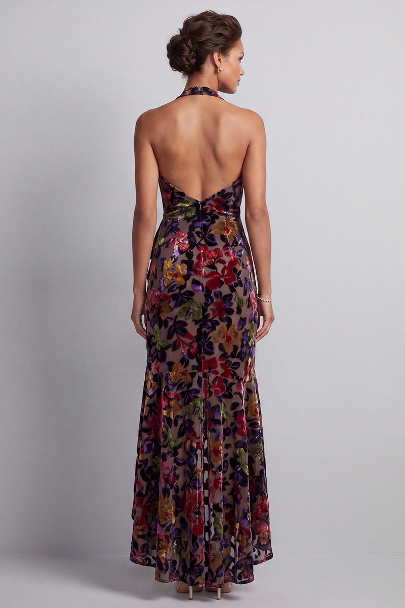 Laden Sie das Bild in den Galerie-Viewer, Schwarzes Samt Blumen Neckholder Hoch niedrig Asymmetrisch A-Linie Mutter der Braut Kleid mit Schlitz