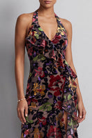 Laden Sie das Bild in den Galerie-Viewer, Schwarzes Samt Blumen Neckholder Hoch niedrig Asymmetrisch A-Linie Mutter der Braut Kleid mit Schlitz