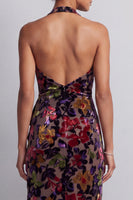 Laden Sie das Bild in den Galerie-Viewer, Schwarzes Samt Blumen Neckholder Hoch niedrig Asymmetrisch A-Linie Mutter der Braut Kleid mit Schlitz
