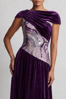 Laden Sie das Bild in den Galerie-Viewer, Pflaumen Samt Bateau-Ausschnitt Gerafftes Pailletten A-Linie Langes Mutter der Braut Kleid mit Perlen