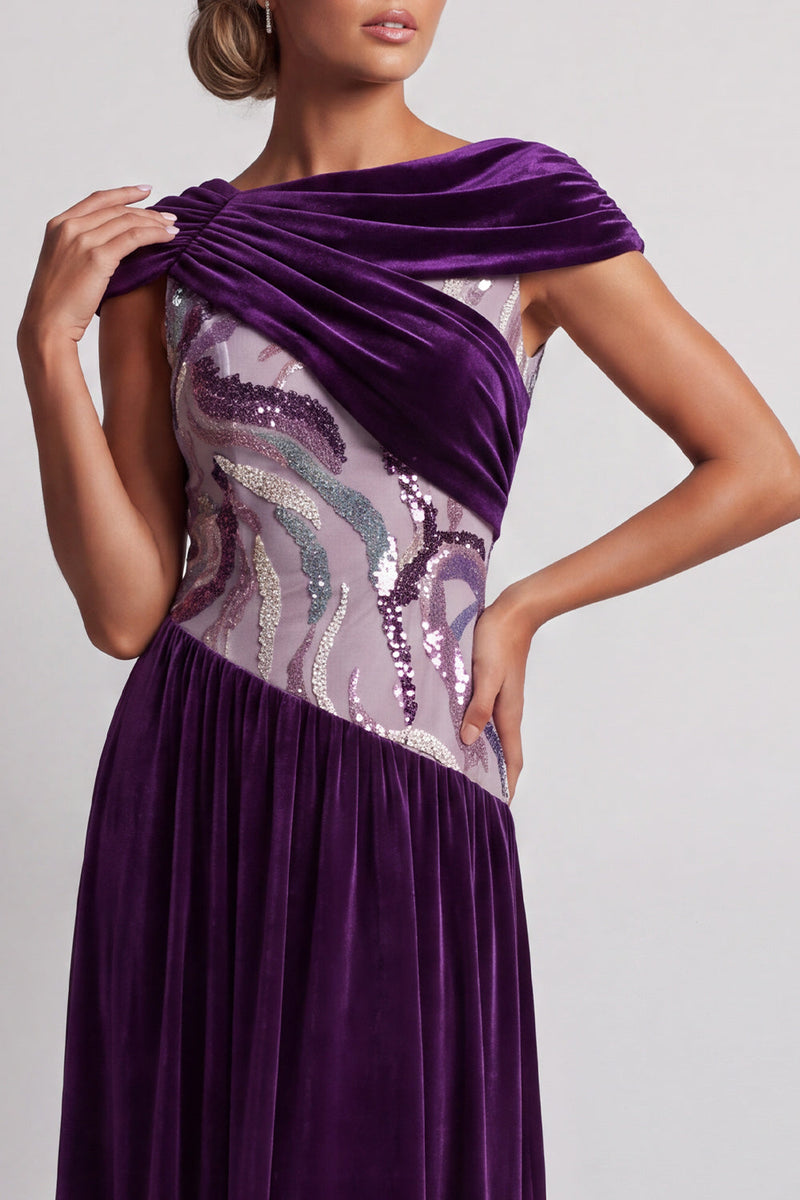 Laden Sie das Bild in den Galerie-Viewer, Pflaumen Samt Bateau-Ausschnitt Gerafftes Pailletten A-Linie Langes Mutter der Braut Kleid mit Perlen