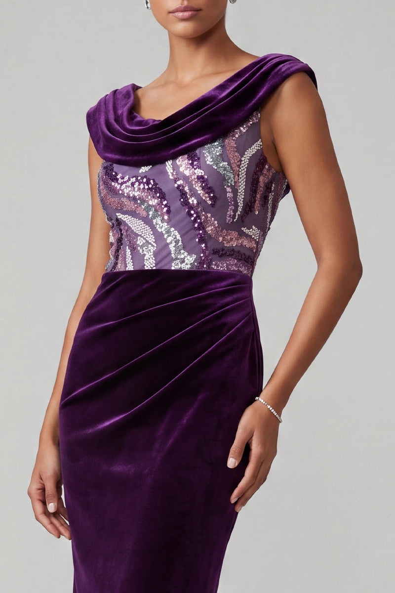 Laden Sie das Bild in den Galerie-Viewer, Pflaumen Samt Halsausschnitt Pailletten Gerafftes Scheide Mutter der Braut Kleid