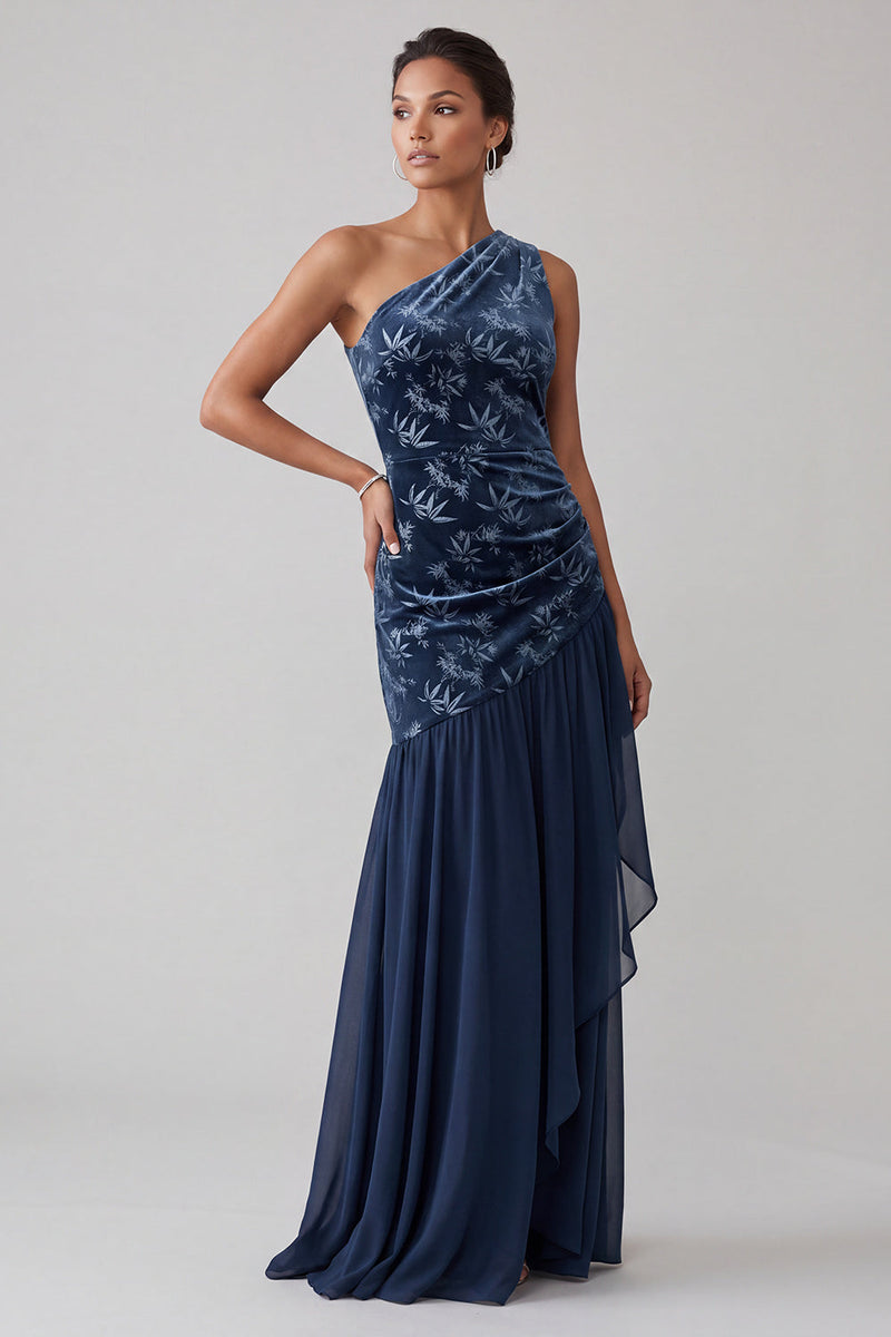 Laden Sie das Bild in den Galerie-Viewer, Marineblaues Samt Einschulter Asymmetrisches Chiffon Meerjungfrau Zerrafftes Mutter der Braut Kleid