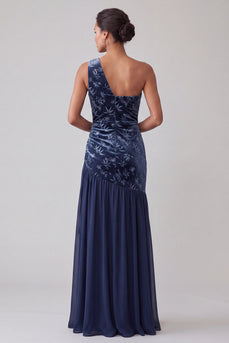 Marineblaues Samt Einschulter Asymmetrisches Chiffon Meerjungfrau Zerrafftes Mutter der Braut Kleid