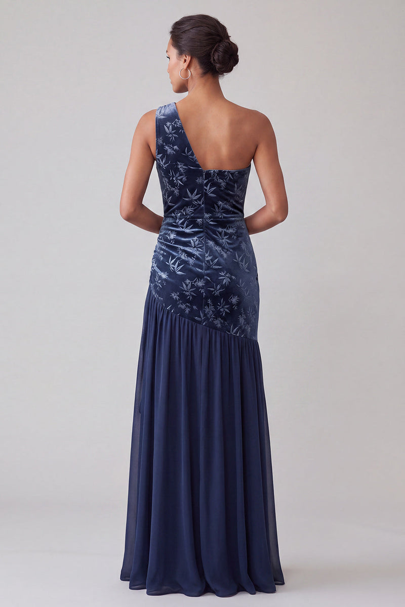 Laden Sie das Bild in den Galerie-Viewer, Marineblaues Samt Einschulter Asymmetrisches Chiffon Meerjungfrau Zerrafftes Mutter der Braut Kleid