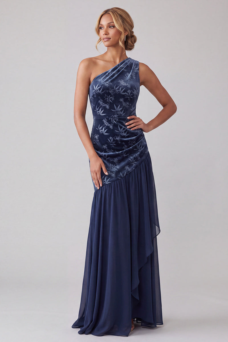 Laden Sie das Bild in den Galerie-Viewer, Marineblaues Samt Einschulter Asymmetrisches Chiffon Meerjungfrau Zerrafftes Mutter der Braut Kleid