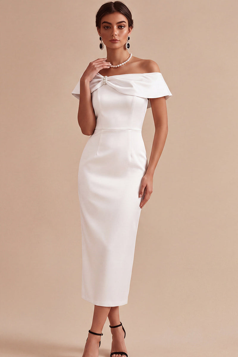 Laden Sie das Bild in den Galerie-Viewer, Off-the-shoulder weißes Midi-Verlobungskleid mit Sheath Pearls