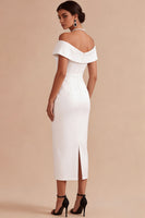 Laden Sie das Bild in den Galerie-Viewer, Off-the-shoulder weißes Midi-Verlobungskleid mit Sheath Pearls