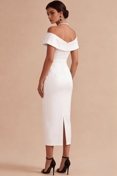 Sheath Off-the-shoulder Weißes Midi Standesamt Kleid mit Perlen