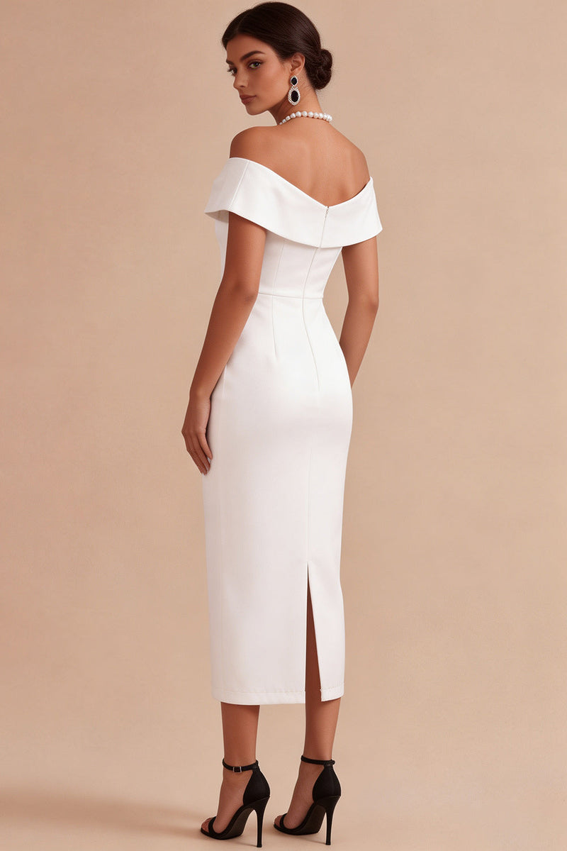 Laden Sie das Bild in den Galerie-Viewer, Off-the-shoulder weißes Midi-Verlobungskleid mit Sheath Pearls