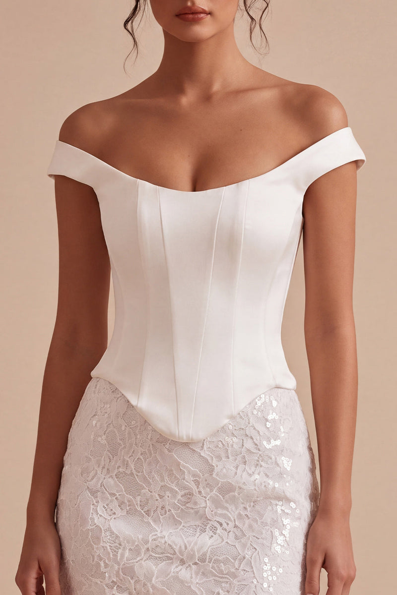 Laden Sie das Bild in den Galerie-Viewer, Off-the-shoulder floraler Spitzen-Bodycon Mini-Kleines Weißes Kleid
