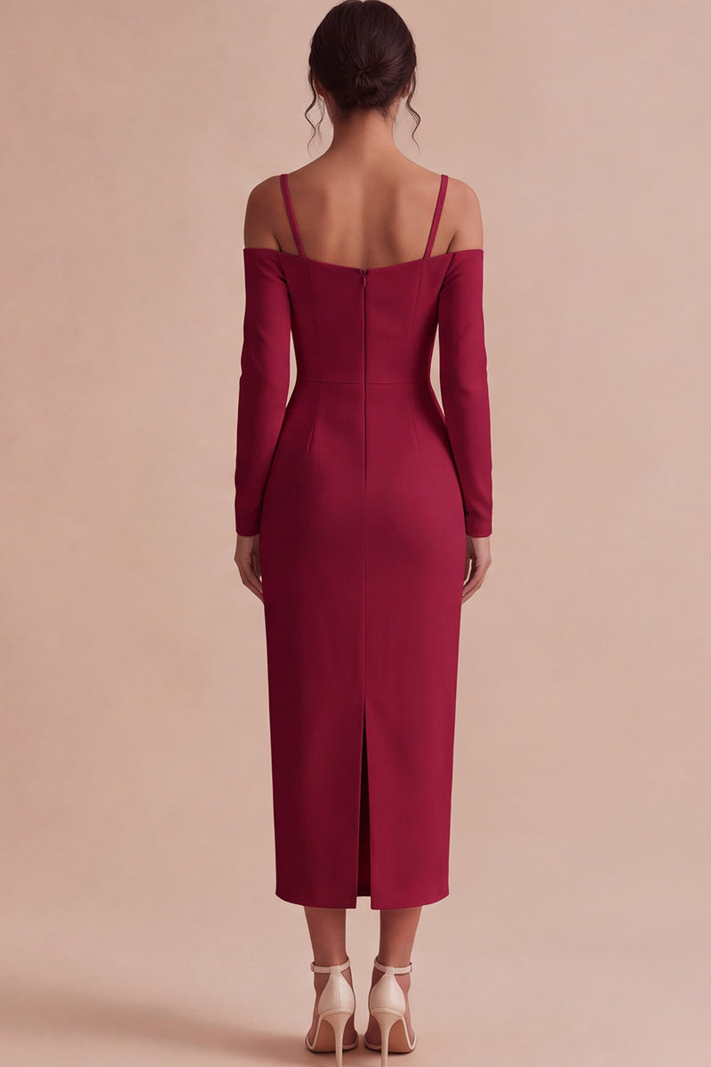 Laden Sie das Bild in den Galerie-Viewer, Weißes Scheiden Langarm Midi Standesamt Kleid mit kalter Schulter