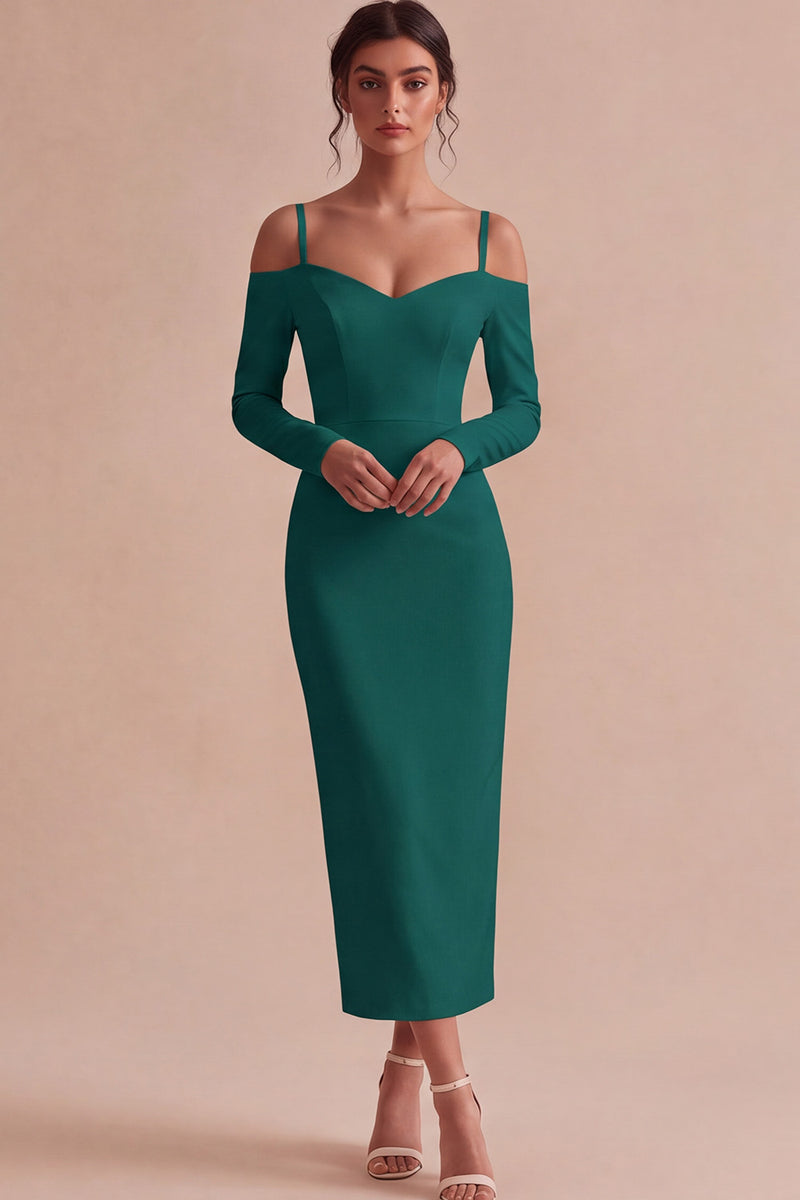 Laden Sie das Bild in den Galerie-Viewer, Weißes Scheiden Langarm Midi Standesamt Kleid mit kalter Schulter