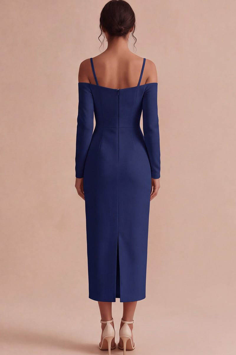 Laden Sie das Bild in den Galerie-Viewer, Weißes Scheiden Langarm Midi Standesamt Kleid mit kalter Schulter