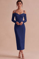 Laden Sie das Bild in den Galerie-Viewer, Weißes Scheiden Langarm Midi Standesamt Kleid mit kalter Schulter