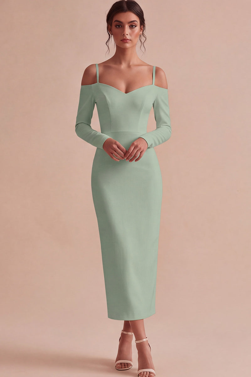 Laden Sie das Bild in den Galerie-Viewer, Weißes Scheiden Langarm Midi Standesamt Kleid mit kalter Schulter