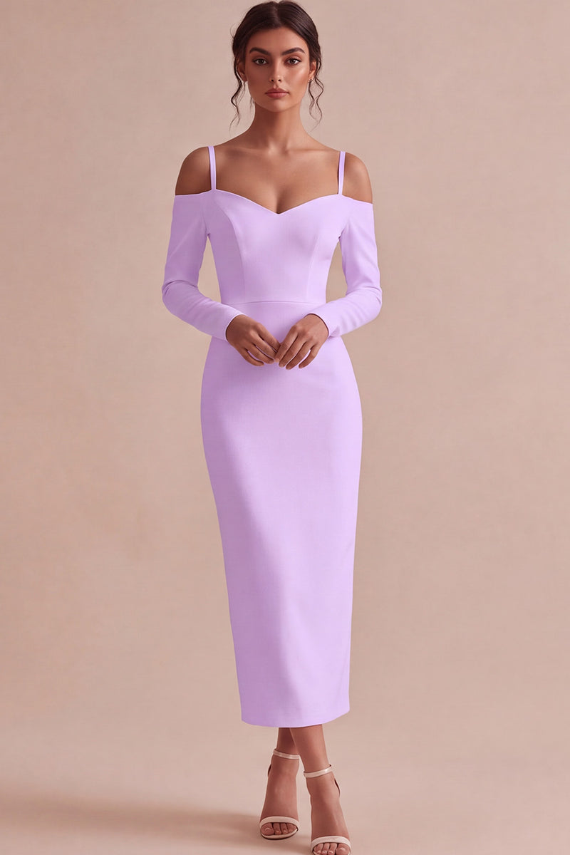 Laden Sie das Bild in den Galerie-Viewer, Weißes Scheiden Langarm Midi Standesamt Kleid mit kalter Schulter