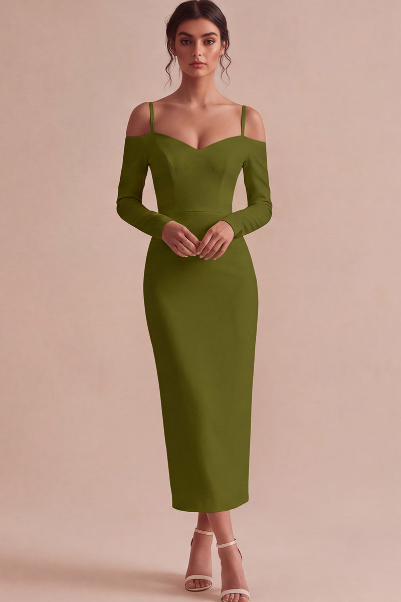 Laden Sie das Bild in den Galerie-Viewer, Weißes Scheiden Langarm Midi Standesamt Kleid mit kalter Schulter