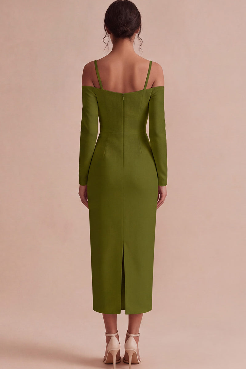 Laden Sie das Bild in den Galerie-Viewer, Weißes Scheiden Langarm Midi Standesamt Kleid mit kalter Schulter