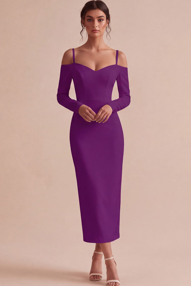 Laden Sie das Bild in den Galerie-Viewer, Weißes Scheiden Langarm Midi Standesamt Kleid mit kalter Schulter