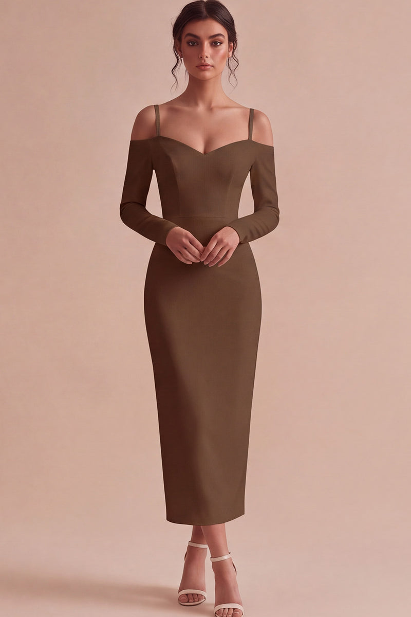 Laden Sie das Bild in den Galerie-Viewer, Weißes Scheiden Langarm Midi Standesamt Kleid mit kalter Schulter