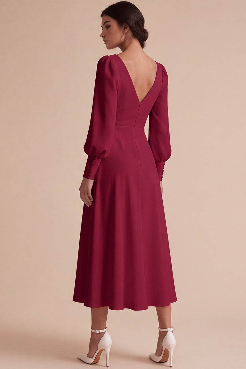 Laden Sie das Bild in den Galerie-Viewer, Weißes Gerafftes A-Linie Midi Standesamt Kleid mit langen Ärmeln