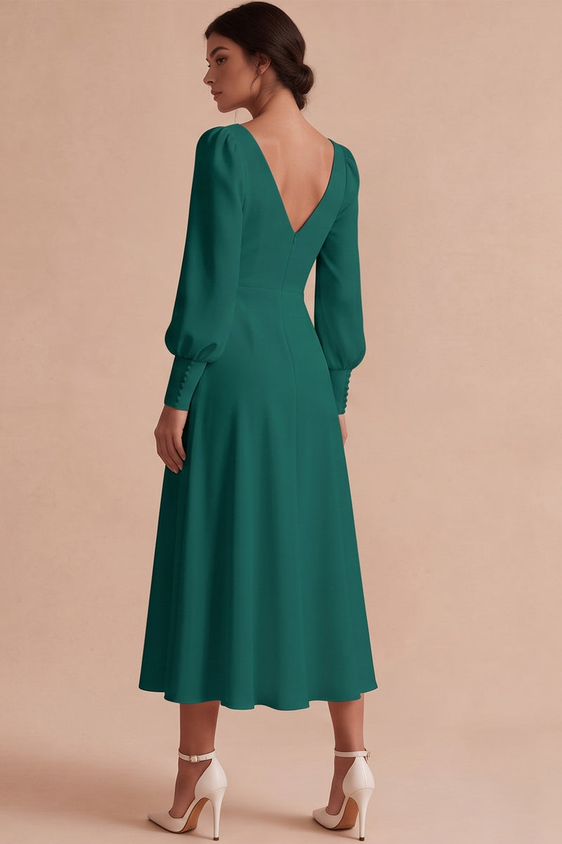 Laden Sie das Bild in den Galerie-Viewer, Weißes Gerafftes A-Linie Midi Standesamt Kleid mit langen Ärmeln
