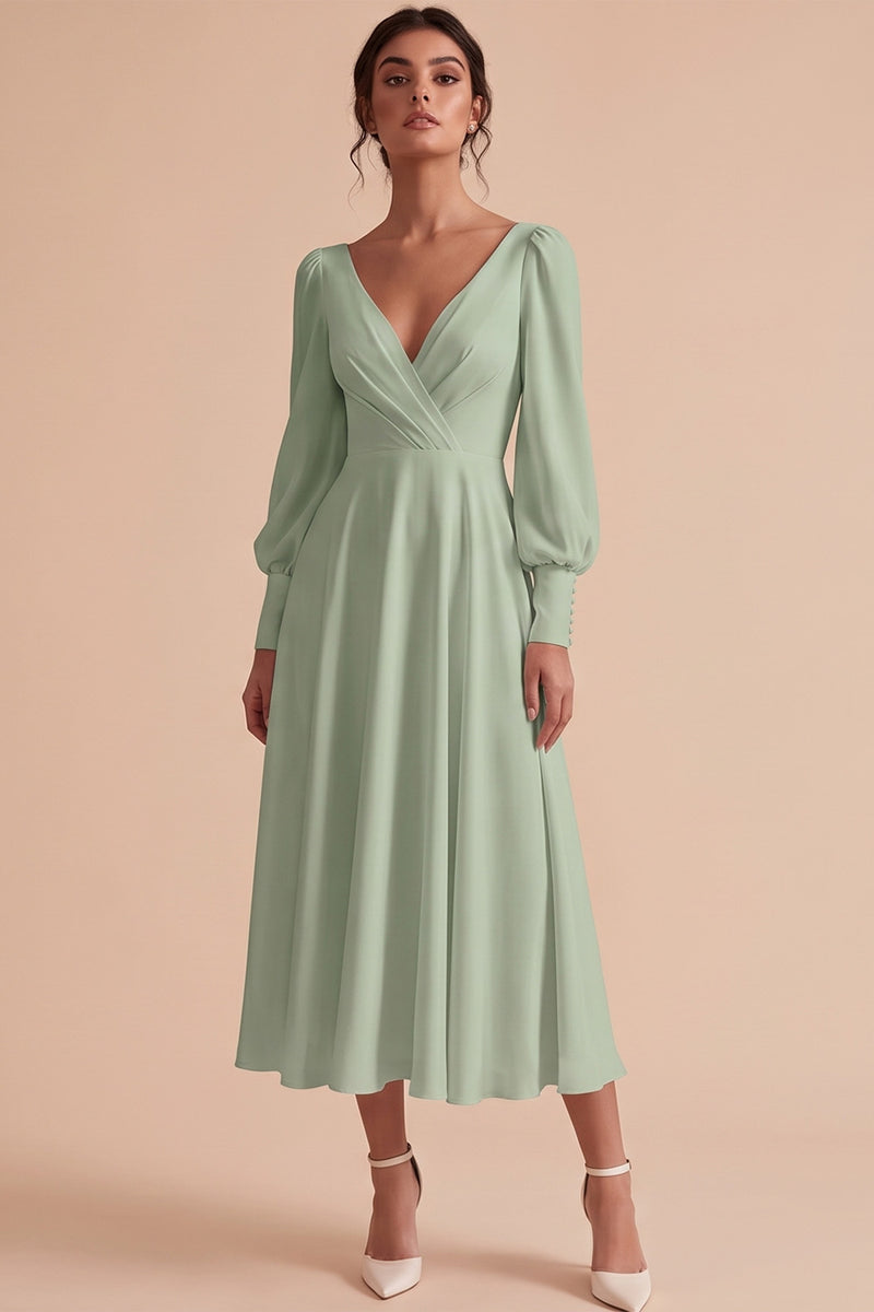 Laden Sie das Bild in den Galerie-Viewer, Weißes Gerafftes A-Linie Midi Standesamt Kleid mit langen Ärmeln