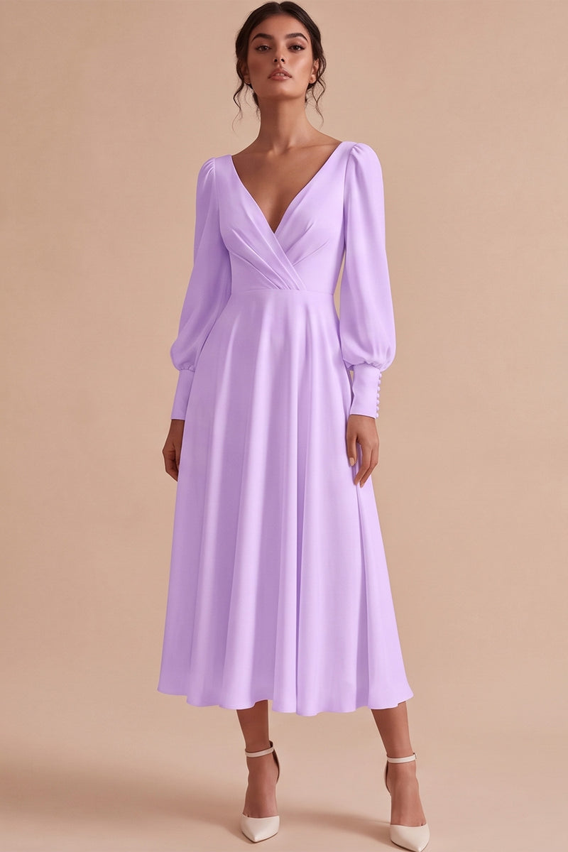 Laden Sie das Bild in den Galerie-Viewer, Weißes Gerafftes A-Linie Midi Standesamt Kleid mit langen Ärmeln