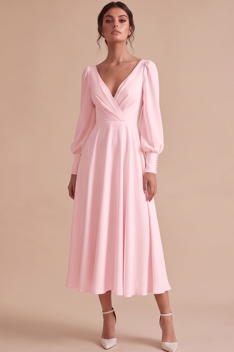 Laden Sie das Bild in den Galerie-Viewer, Weißes Gerafftes A-Linie Midi Standesamt Kleid mit langen Ärmeln