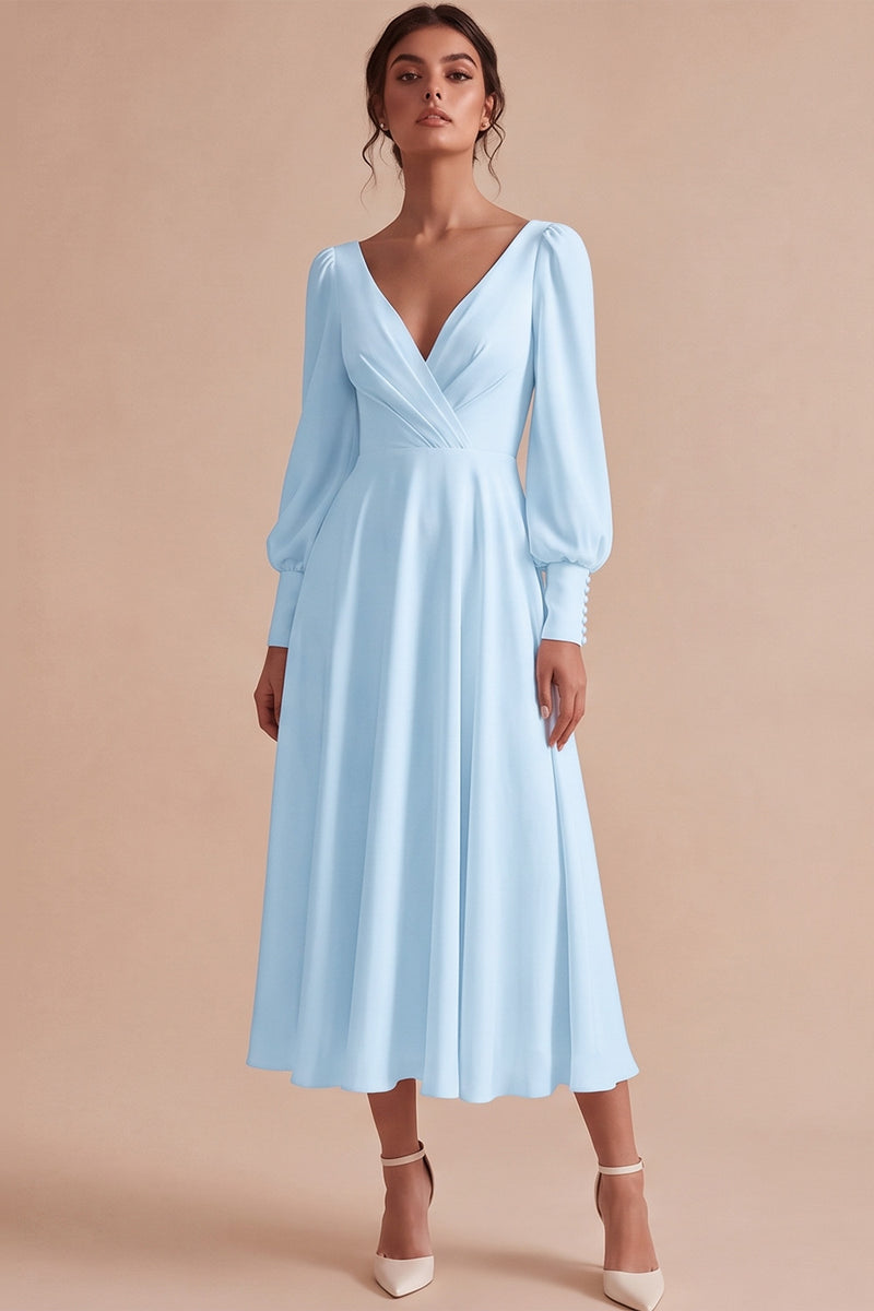 Laden Sie das Bild in den Galerie-Viewer, Weißes Gerafftes A-Linie Midi Standesamt Kleid mit langen Ärmeln