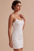 Laden Sie das Bild in den Galerie-Viewer, Florales Jacquard Bodycon Spaghetti-Träger Mini-Kleines Weißes Kleid