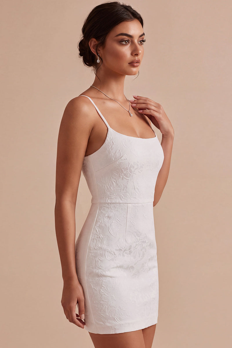 Laden Sie das Bild in den Galerie-Viewer, Florales Jacquard Bodycon Spaghetti-Träger Mini-Kleines Weißes Kleid