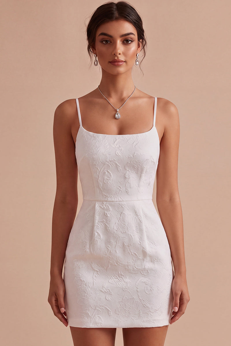 Laden Sie das Bild in den Galerie-Viewer, Florales Jacquard Bodycon Spaghetti-Träger Mini-Kleines Weißes Kleid