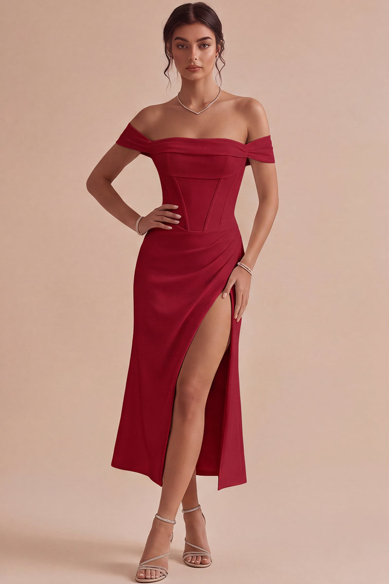 Laden Sie das Bild in den Galerie-Viewer, Weißes Schulterfreies Korsett Midi Standesamt Kleid mit Schlitz