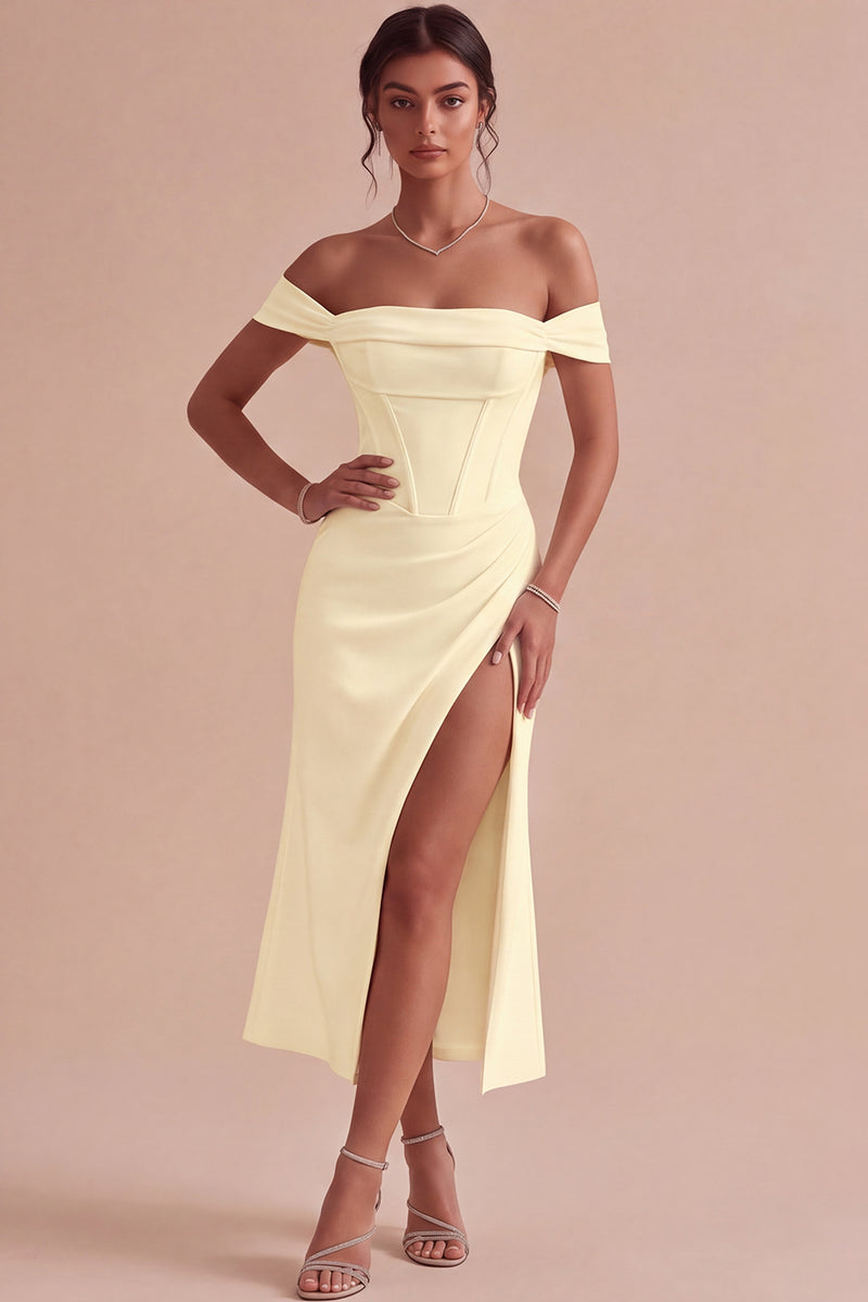 Laden Sie das Bild in den Galerie-Viewer, Weißes Schulterfreies Korsett Midi Standesamt Kleid mit Schlitz