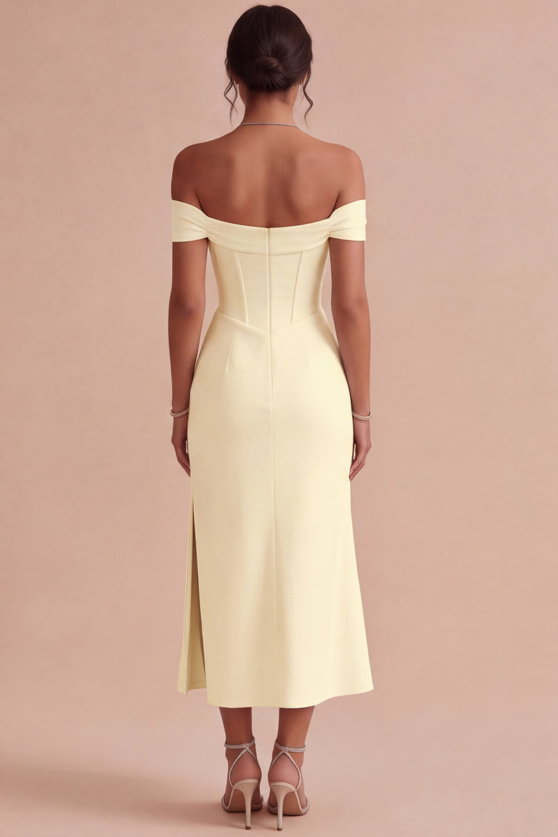 Laden Sie das Bild in den Galerie-Viewer, Weißes Schulterfreies Korsett Midi Standesamt Kleid mit Schlitz