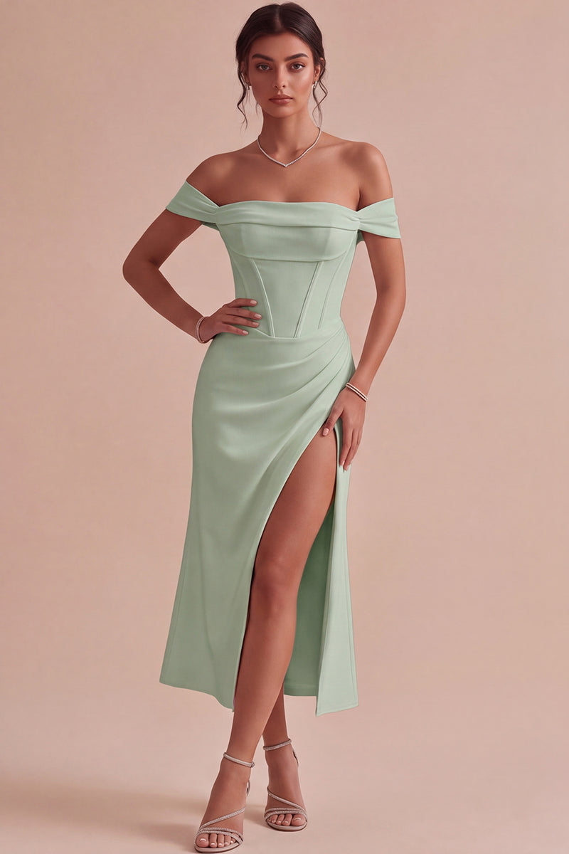 Laden Sie das Bild in den Galerie-Viewer, Weißes Schulterfreies Korsett Midi Standesamt Kleid mit Schlitz
