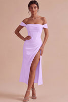 Laden Sie das Bild in den Galerie-Viewer, Weißes Schulterfreies Korsett Midi Standesamt Kleid mit Schlitz