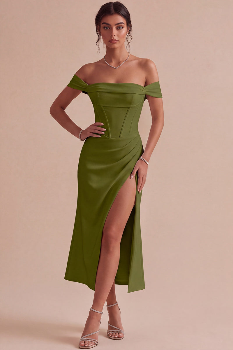 Laden Sie das Bild in den Galerie-Viewer, Weißes Schulterfreies Korsett Midi Standesamt Kleid mit Schlitz