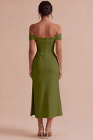 Laden Sie das Bild in den Galerie-Viewer, Weißes Schulterfreies Korsett Midi Standesamt Kleid mit Schlitz