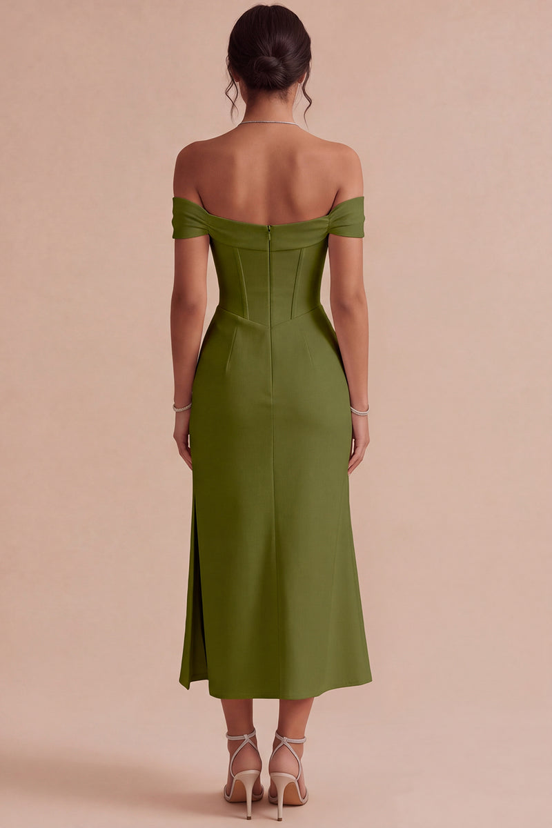 Laden Sie das Bild in den Galerie-Viewer, Weißes Schulterfreies Korsett Midi Standesamt Kleid mit Schlitz