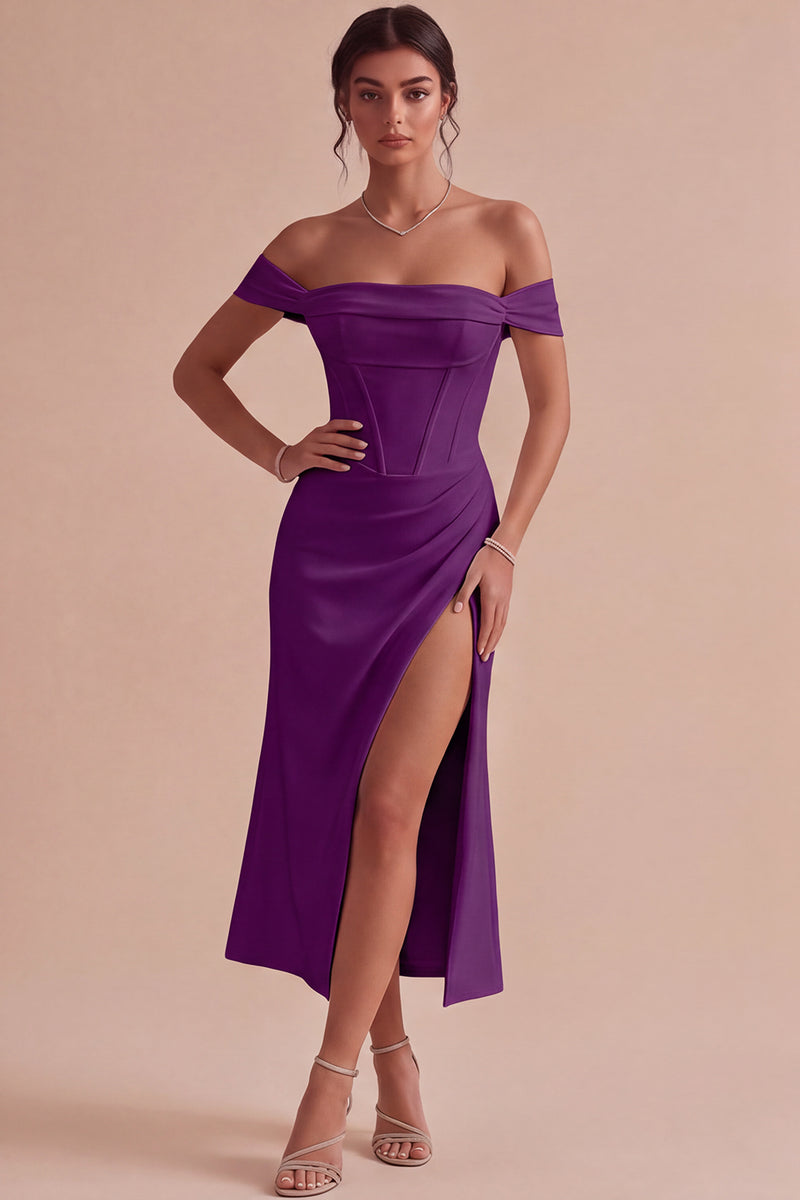 Laden Sie das Bild in den Galerie-Viewer, Weißes Schulterfreies Korsett Midi Standesamt Kleid mit Schlitz