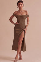 Laden Sie das Bild in den Galerie-Viewer, Weißes Schulterfreies Korsett Midi Standesamt Kleid mit Schlitz