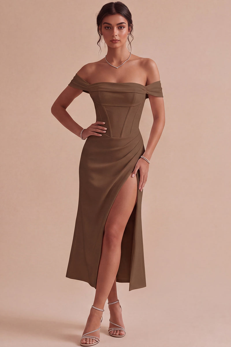 Laden Sie das Bild in den Galerie-Viewer, Weißes Schulterfreies Korsett Midi Standesamt Kleid mit Schlitz
