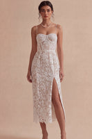 Laden Sie das Bild in den Galerie-Viewer, Weißes Korsett-Lace-Midi-Verlobungskleid mit Schlitz