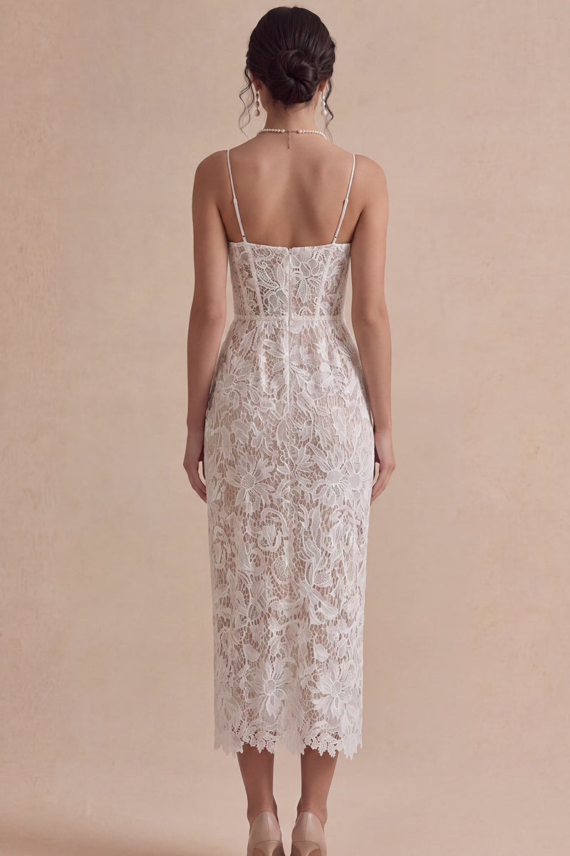 Laden Sie das Bild in den Galerie-Viewer, Weißes Korsett-Lace-Midi-Verlobungskleid mit Schlitz